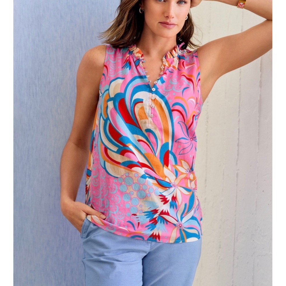 Talbots Ruffle Neck Sleeveless Blouse Pink Floral Swirl Women L Boho Coastal